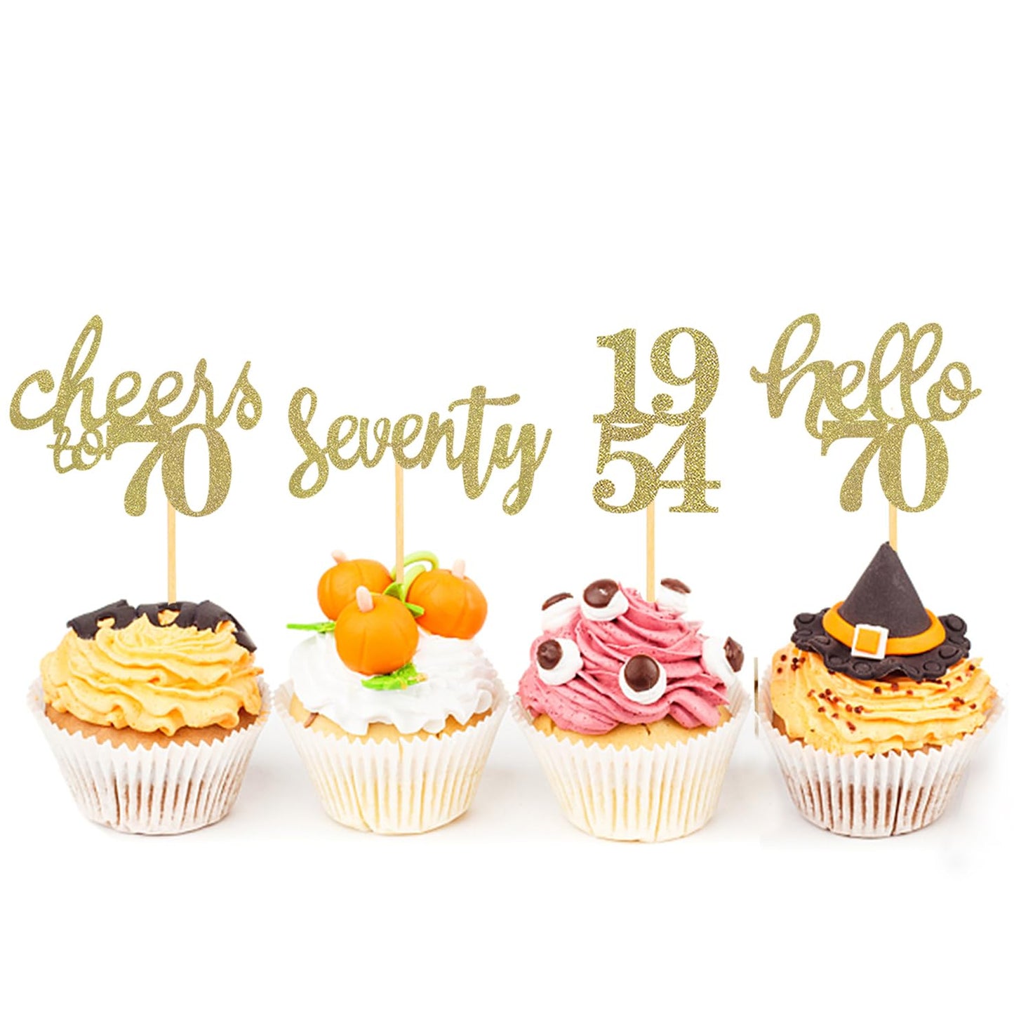Moitkptt 24 Pcs Gold Glitter Cupcake Toppers for 70th Birthday Party Decorations, Model BIR70, Paper Material
