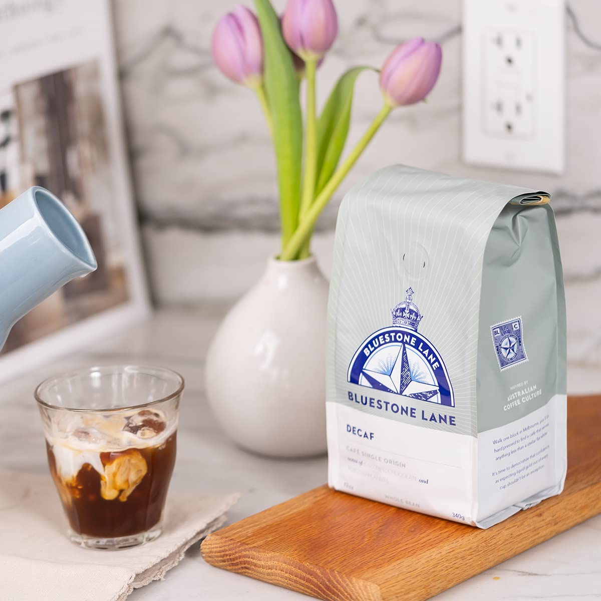 Bluestone Lane Decaf Colombian Espresso Beans, Medium Roast, Whole Bean, 12 Ounce Bag