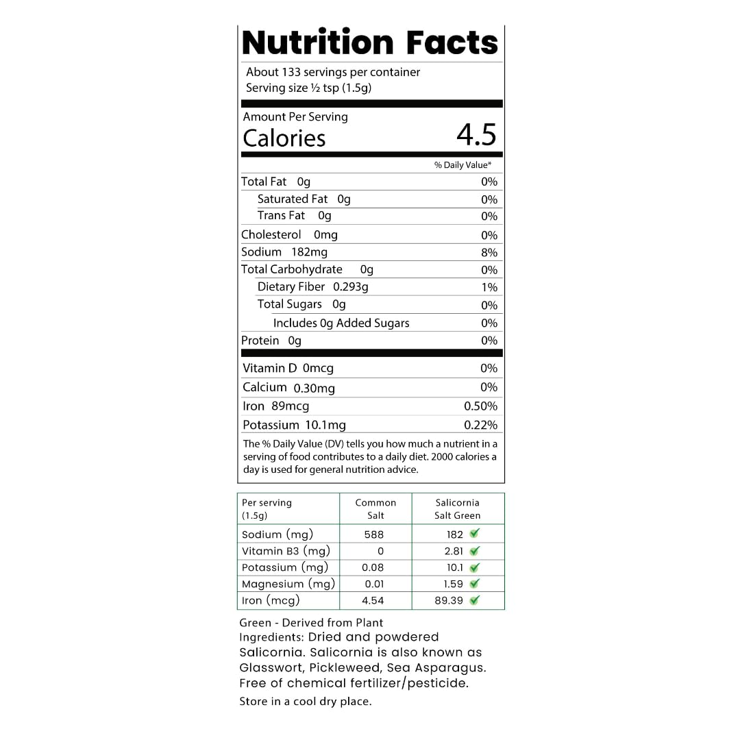 Green Salicornia Salt - Low Sodium Salt Substitute | Salicornia Powder (200Gms/7.05 Oz) | Plant Based Salt, Vegan | 100% Natural