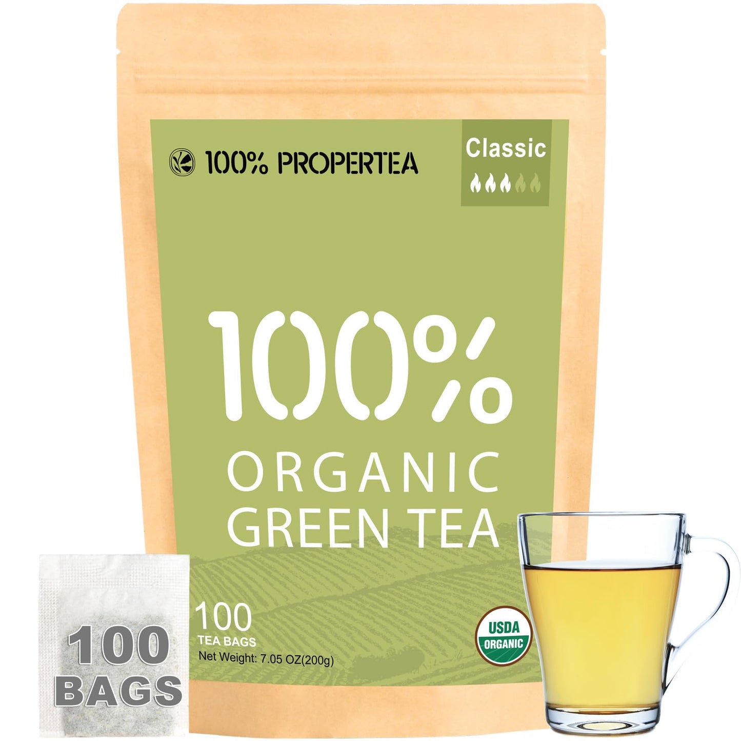 100% Propertea Organic Green Tea Bags, 100 Count Eco-Friendly Tea Bags, Classic Taste, Caffeinated, Rich In Antioxidants, Resealable Pouch