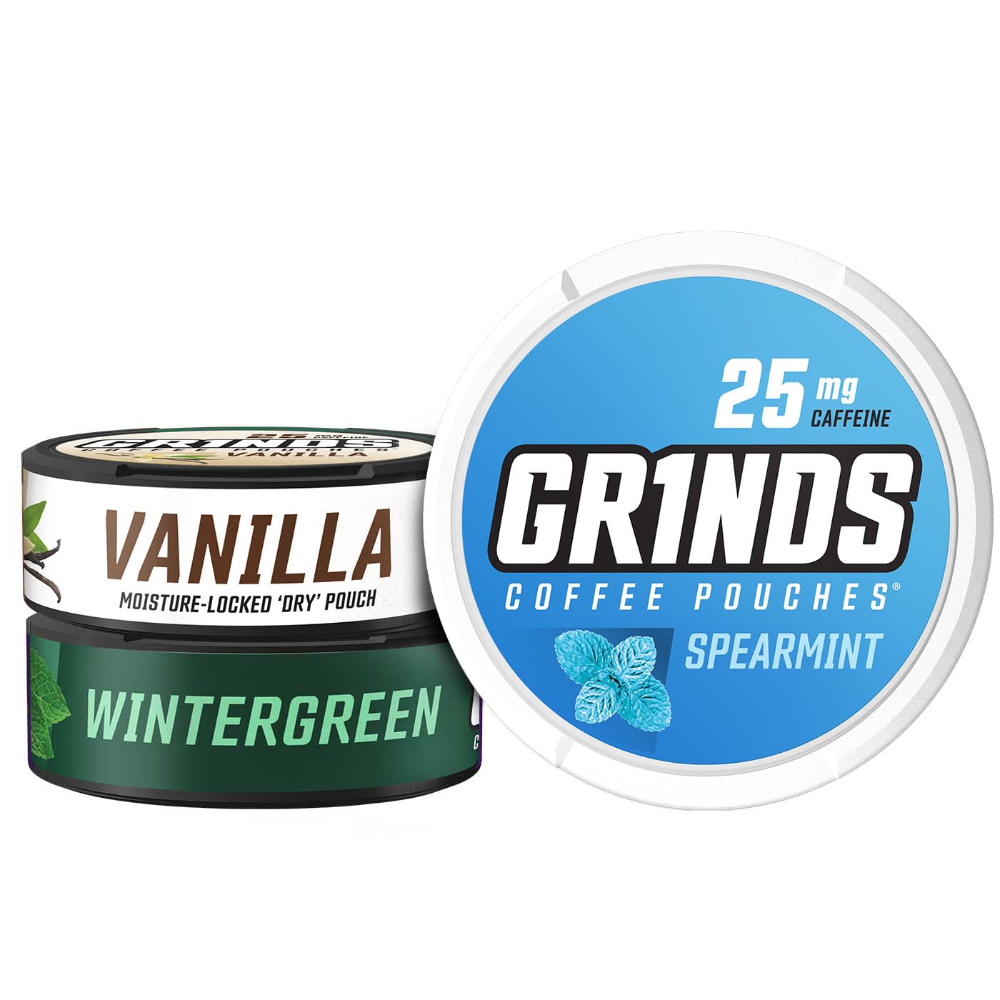 GRINDS Coffee Pouches Sampler - 3 Can Pack, Wintergreen, Spearmint, Vanilla, 1 Pouch = 1/4 Cup Coffee