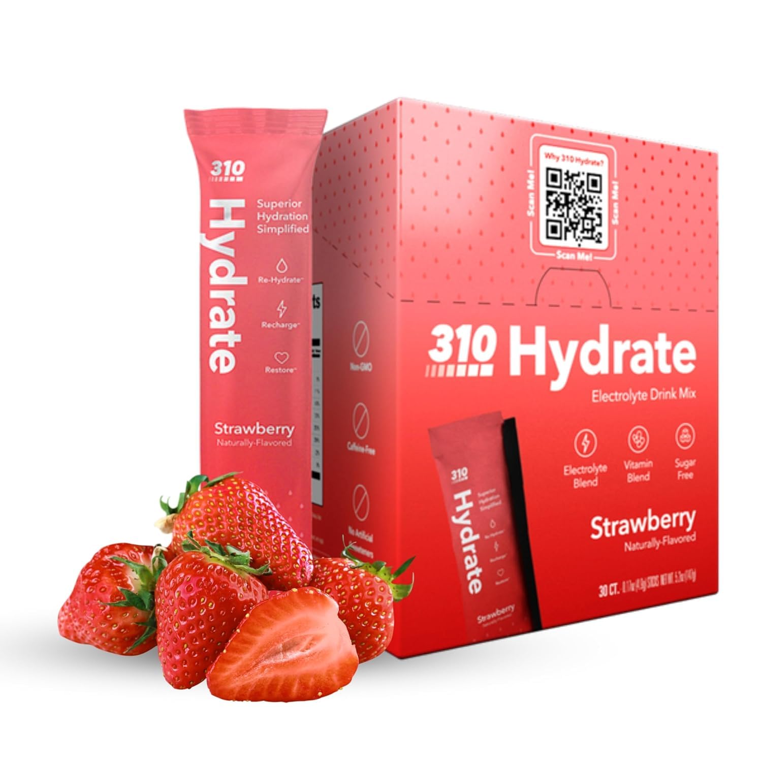 310 Nutrition Sugar Free Electrolytes Powder - Caffeine-Free Hydration Drink Mix, Strawberry Flavor, 15 Packets, Keto Friendly, Low Calorie