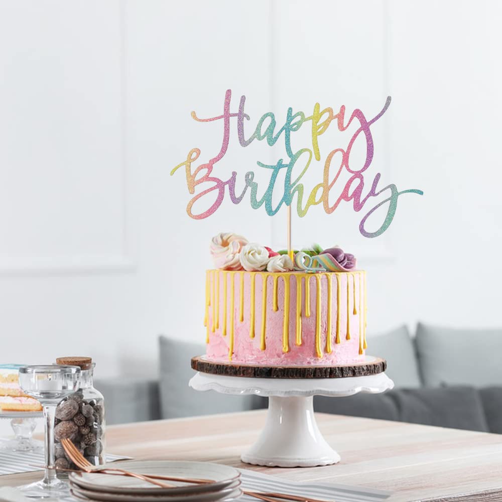 Auteby Rainbow Happy Birthday Cake Topper, Glitter Birthday Party Decoration Supplies