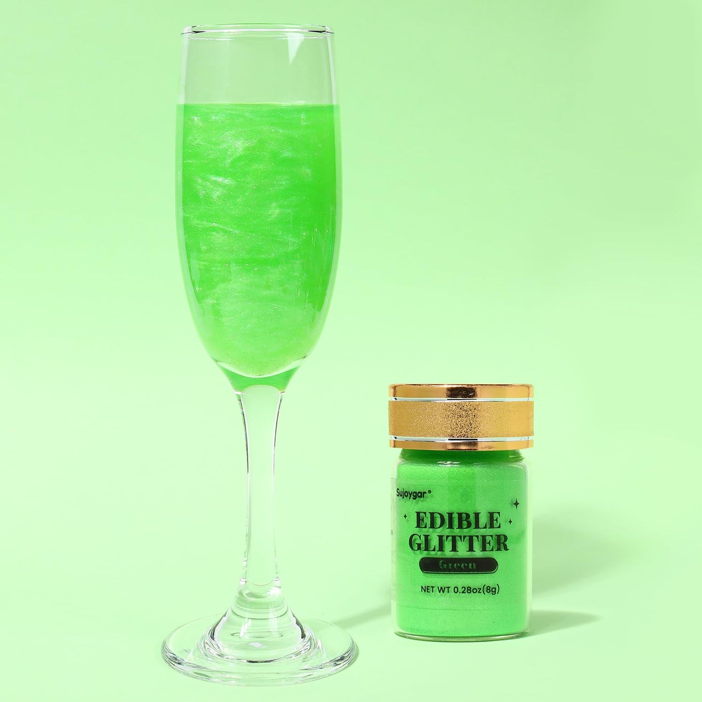 Sujoygar Edible Glitter, Food Grade 8g, Green, Kosher & Halal Certified for Drinks, Baking, Cocktails, Cupcakes, Chocolate, Strawberry