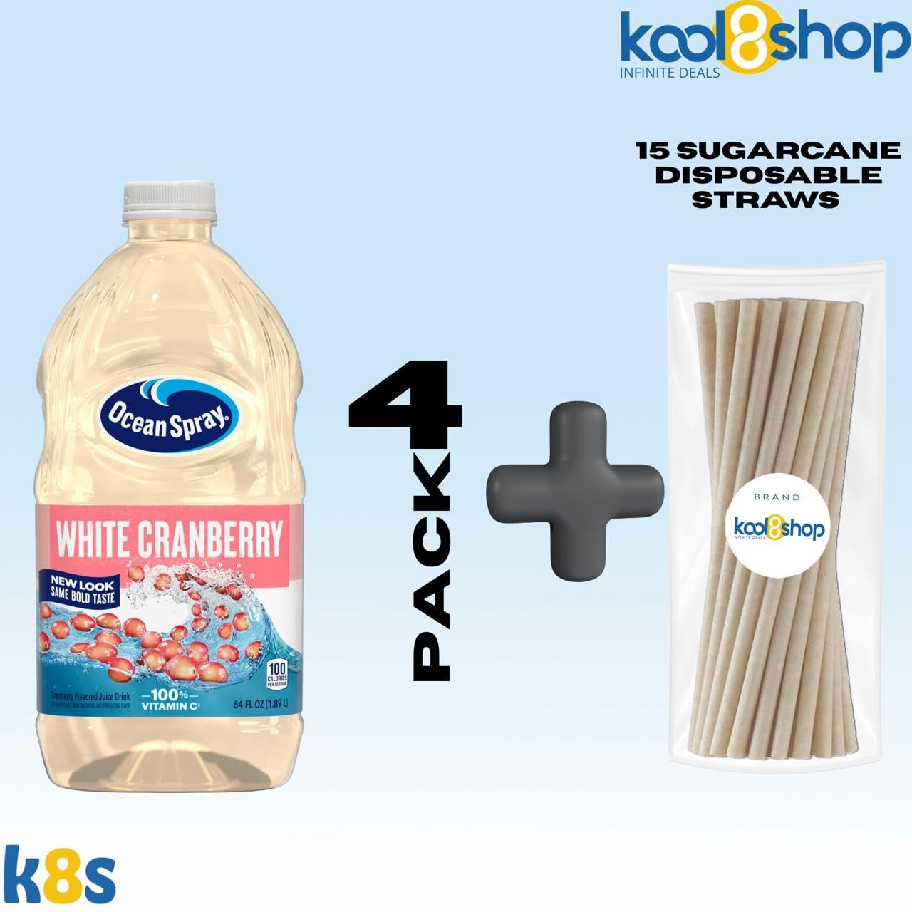 Ocean Spray White Cranberry Juice Drink 64 fl oz Plastic Bottles 4 Pack + 15 Sugarcane Disposable Straws by KOOL8SHOP Infinite D