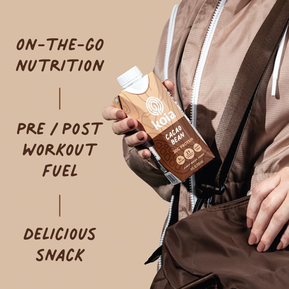 Koia Plant Based Protein Shake, Cacao Bean, 20g Protein, 3g Sugar, 6g Prebiotic Fiber, 21 Vitamins & Minerals, Meal Replacement