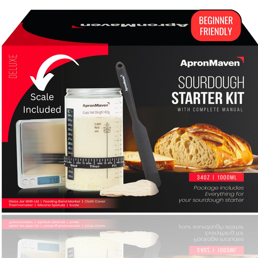 Apron Maven Sourdough Starter Kit - 34 oz Jar with Scale & Accessories - Clear, Model SDK34