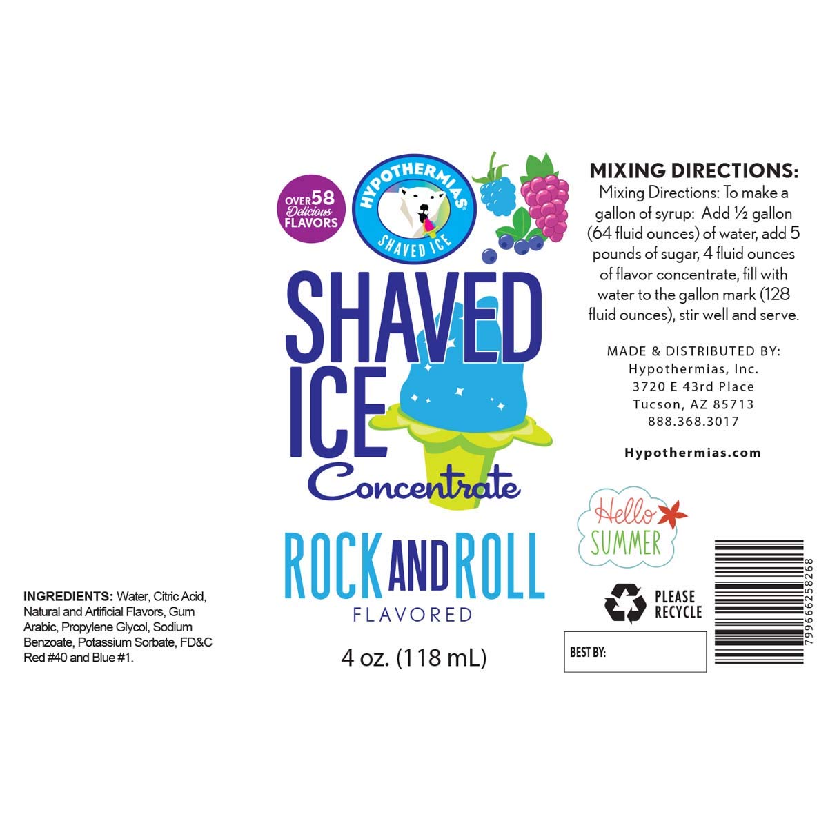 Hypothermias Shaved Ice And Snow Cone Syrup Unsweetened Flavor Concentrate - 4 Fl Oz - Makes 1 Gallon Of Ready To Use Syrup - Ro