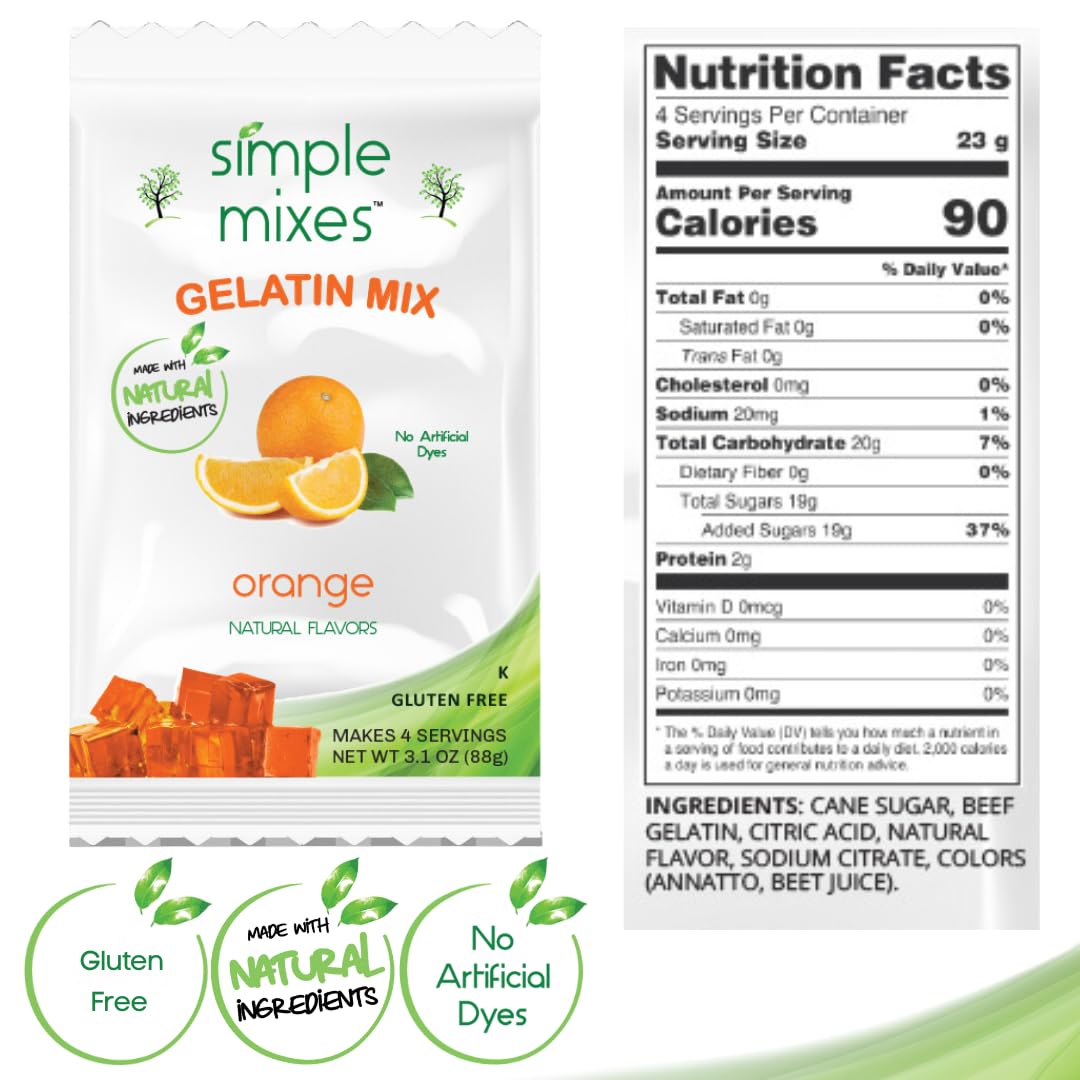 Simple Mixes Natural Gelatin Variety Pack, 2 Each: Strawberry, Orange & Lime, Healthy, Dye-Free, No Gluten or Fat, Kosher, 6 Pac