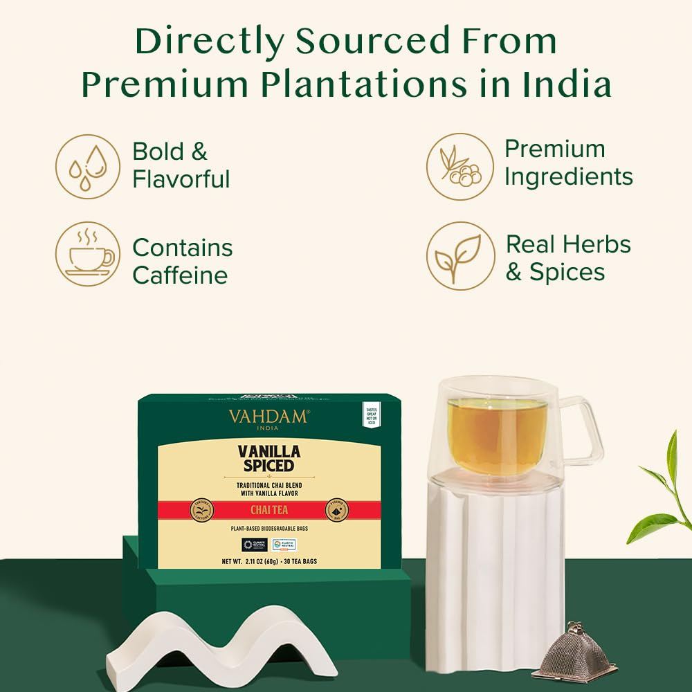 VAHDAM Vanilla Chai Tea Bags, High Caffeine, Non-GMO, Gluten Free, 30 Count, Individually Wrapped