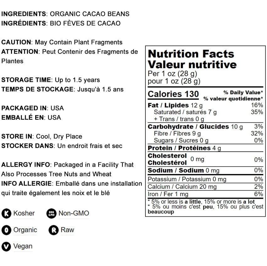 Food To Live Organic Cacao Beans, 8 Ounces - Non-Gmo, Keto, Vegan, Dry, Bulk, Rich In Dietary Fiber, Copper, Manganese, Magnesiu