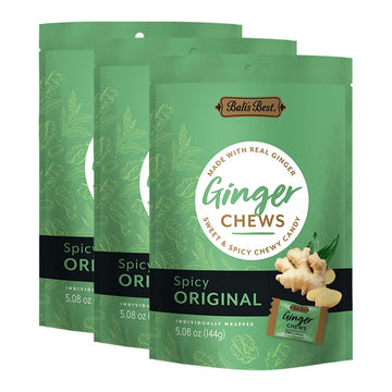 Balis Best Ginger Chews - Spicy Original Ginger Flavor (3 Pack) 100% Real Ginger Sweet Spicy Chewy Ginger Candies 3X 5.08Oz 144G