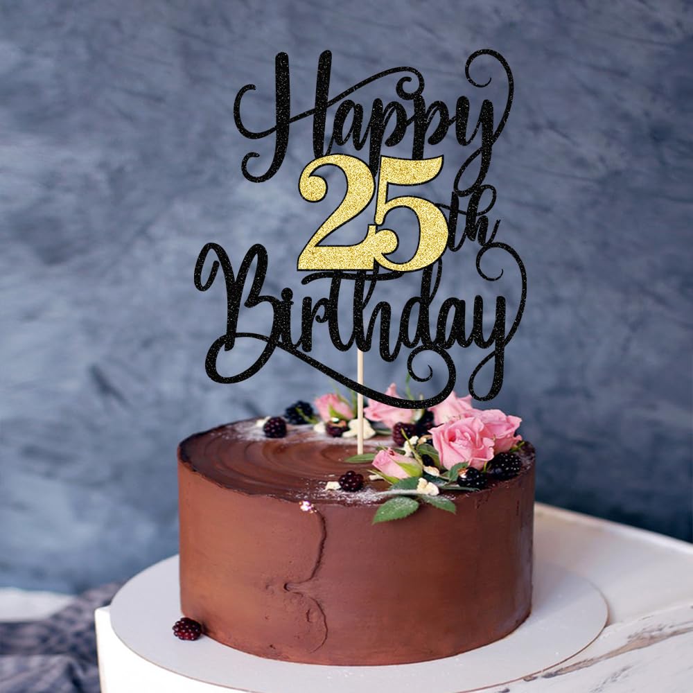 Ruscalin Happy 25Th Birthday Cake Topper,25 Birthday Party Cake Decorations (Black And Gold Flashes, 25Th)