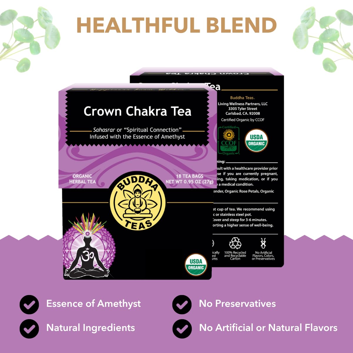 Buddha Teas - Crown Chakra Tea - Organic Herbal Tea - For Spiritual Connection - With Lavender, Gotu Kola Leaf, Rose Petal & Ame