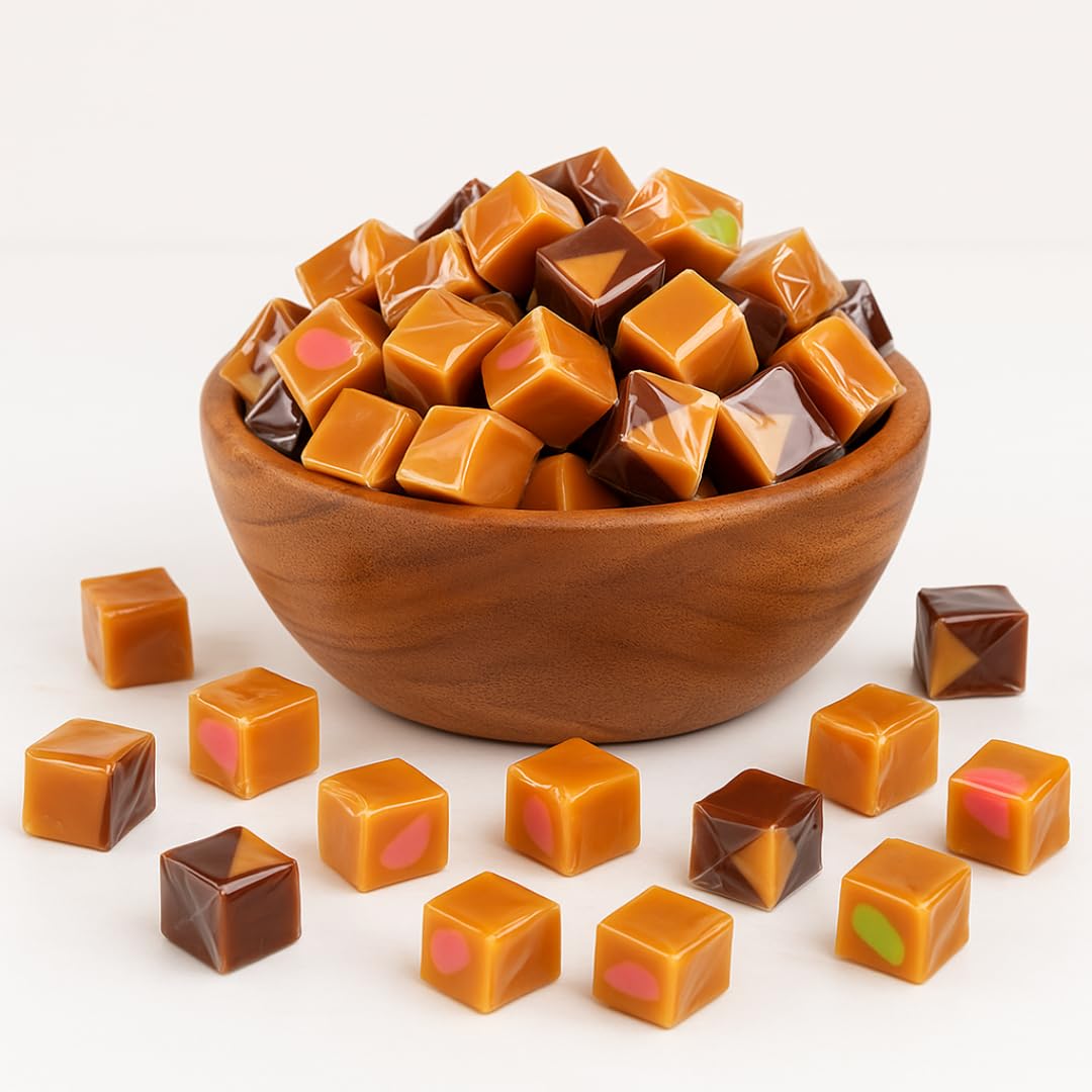 LYZAS SWEETS &   Caramel Cubes Candy Mix - Assorted Creamy Chews, 5 LBS, Individually Wrapped, Vanilla, Chocolate, Apple, Strawberry
