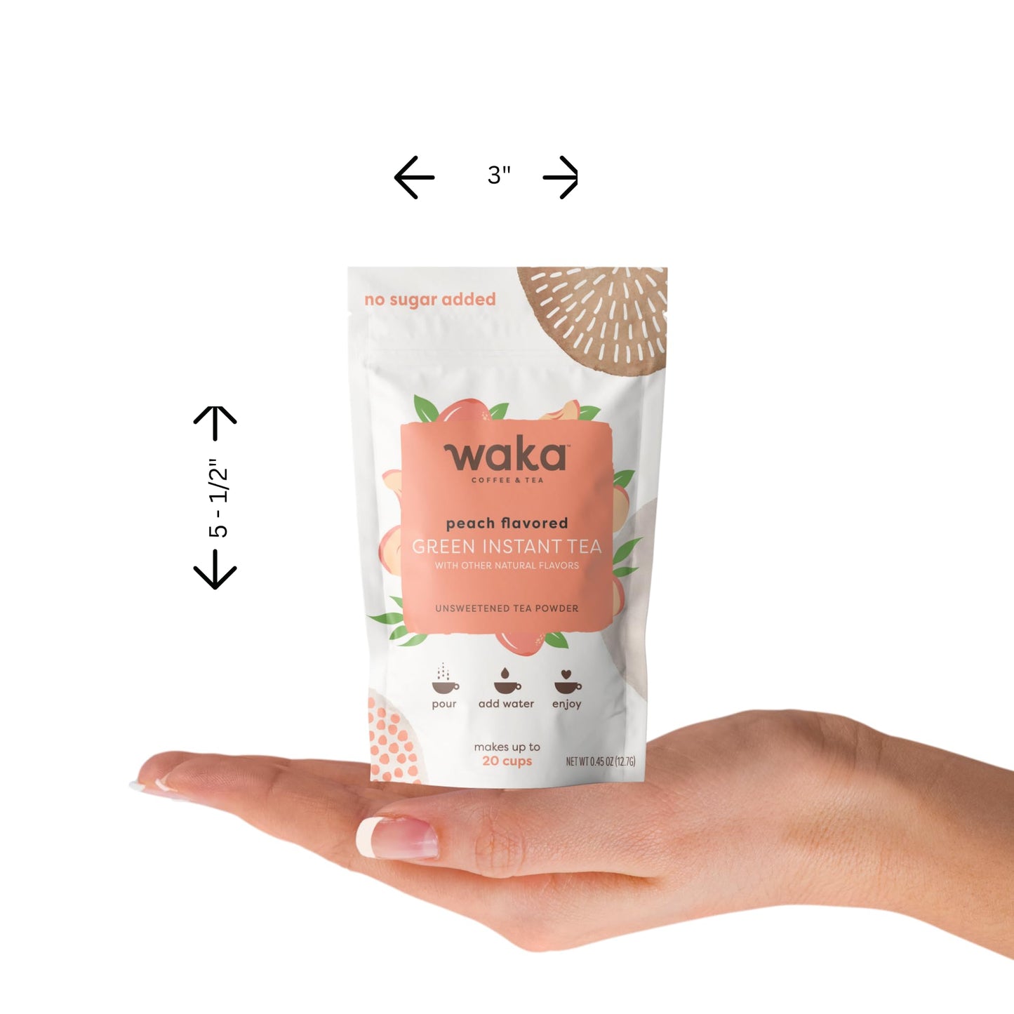 Waka Instant Green Tea Mix, Peach Flavored - 100% Tea Leaves, No Additives, Unsweetened Sample/Travel Size Tea Powder - Easy Qui