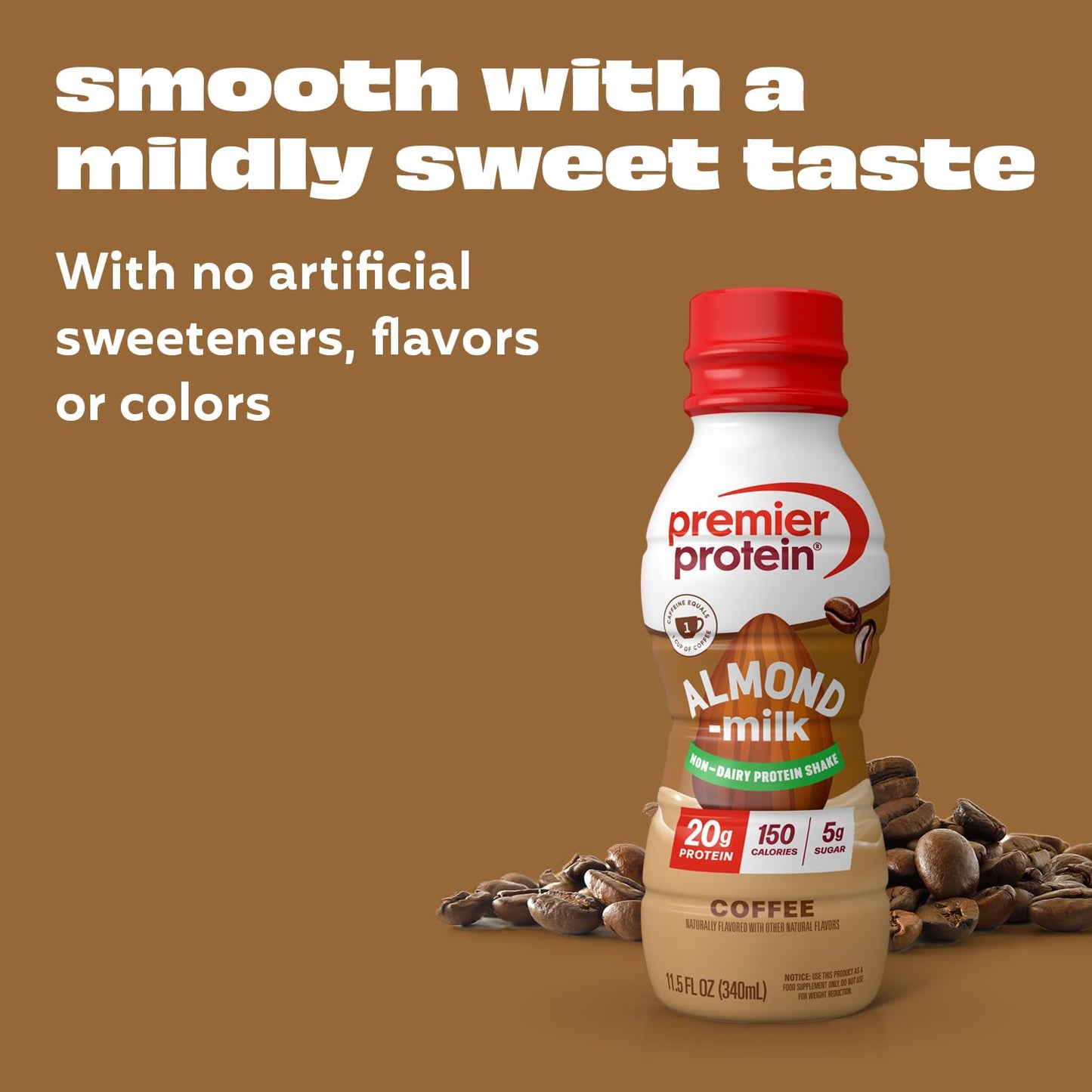 Premier Protein Almondmilk Plant Based Protein Shake  20g Protein  5g Sugar  11.5 Fl oz  Coffee  12 Count