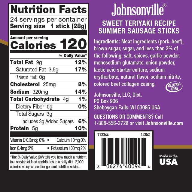 Johnsonville Summer Sausage Snack Sticks - Dairy Free, Gluten Free - Sweet Teriyaki, 1 oz., 24-Pack