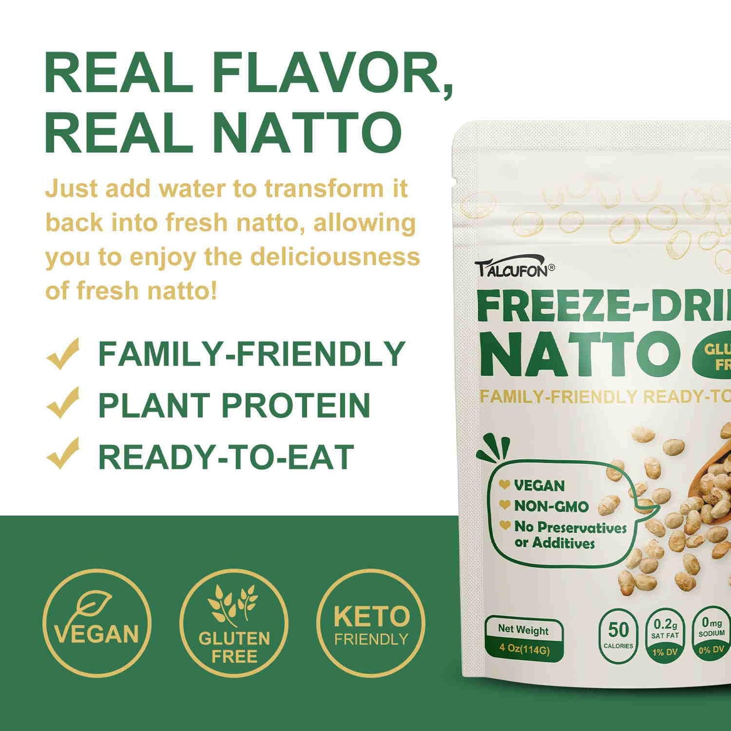 Talcufon Japanese Freeze-Dried Natto Beans, Fresh Natto Fermented Soybean 4 Oz, Non-Gmo, Vegan, Plant Protein Ready To Eat Natto