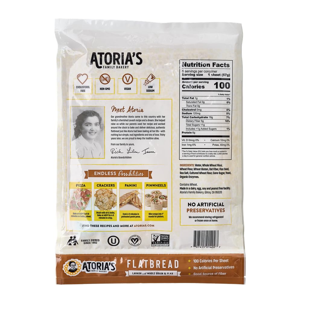 Atoria'S Family Bakery Whole Grain & Flax Lavash Flatbread 10-Packs Of 5 Sheets (50 Sheets)