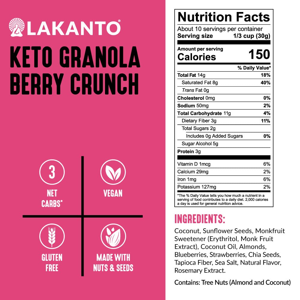 Lakanto Berry Crunch Granola - Delicious Snack, Quick Breakfast Cereal, Keto Friendly, Monk Fruit Sweetener, No Sugar Added, Veg