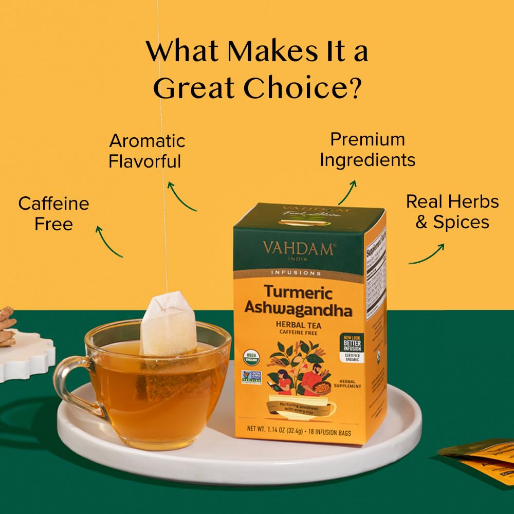 VAHDAM Organic Turmeric Ashwagandha Herbal Tea Bags, Caffeine Free, Gluten Free, 18 Count, Eco-Friendly Individually Wrapped
