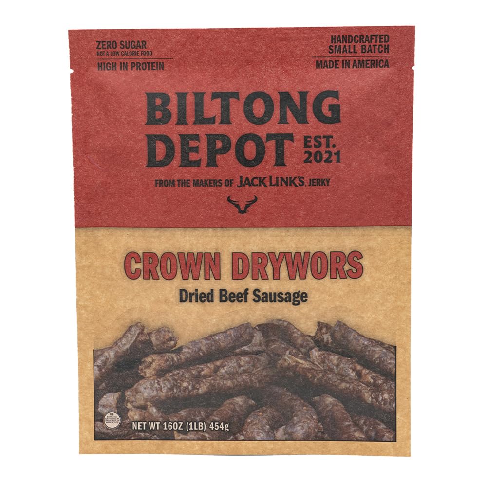 Biltong Depot - Crown Droewors (1 Lb) 16Oz South African Droewors Beef Sausage Sticks, Air-Dried Sausages - No Sugar, Gluten Fre