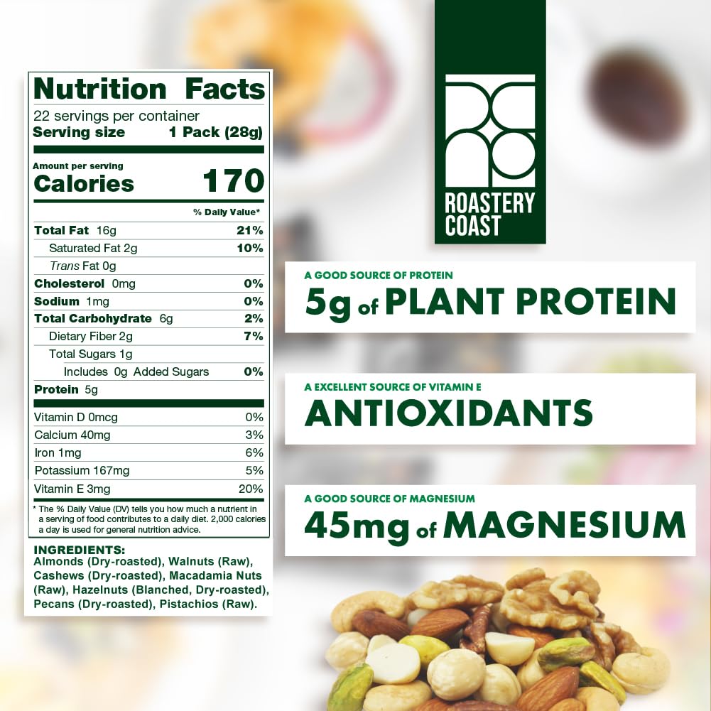 Roastery Coast Daily Nuts Original Mixed Nuts - 22 Individually Wrapped Snack Packs, Unsalted, No Peanuts, Deluxe Assorted Nut Snacks