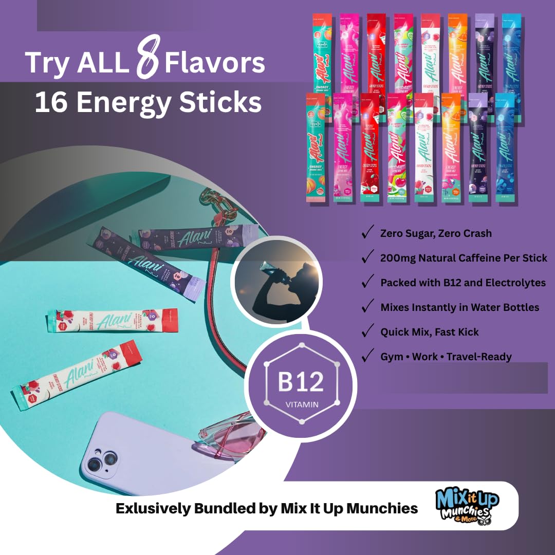 Alani Energy Drink Powder Variety Pack – 16 Stick Sampler, All 8 Flavors + 4 Mimm Mints | Preworkout Boost & Electrolytes Powder Packets | Bundled By Mix It Up Munchies | Healthy Gift Pack