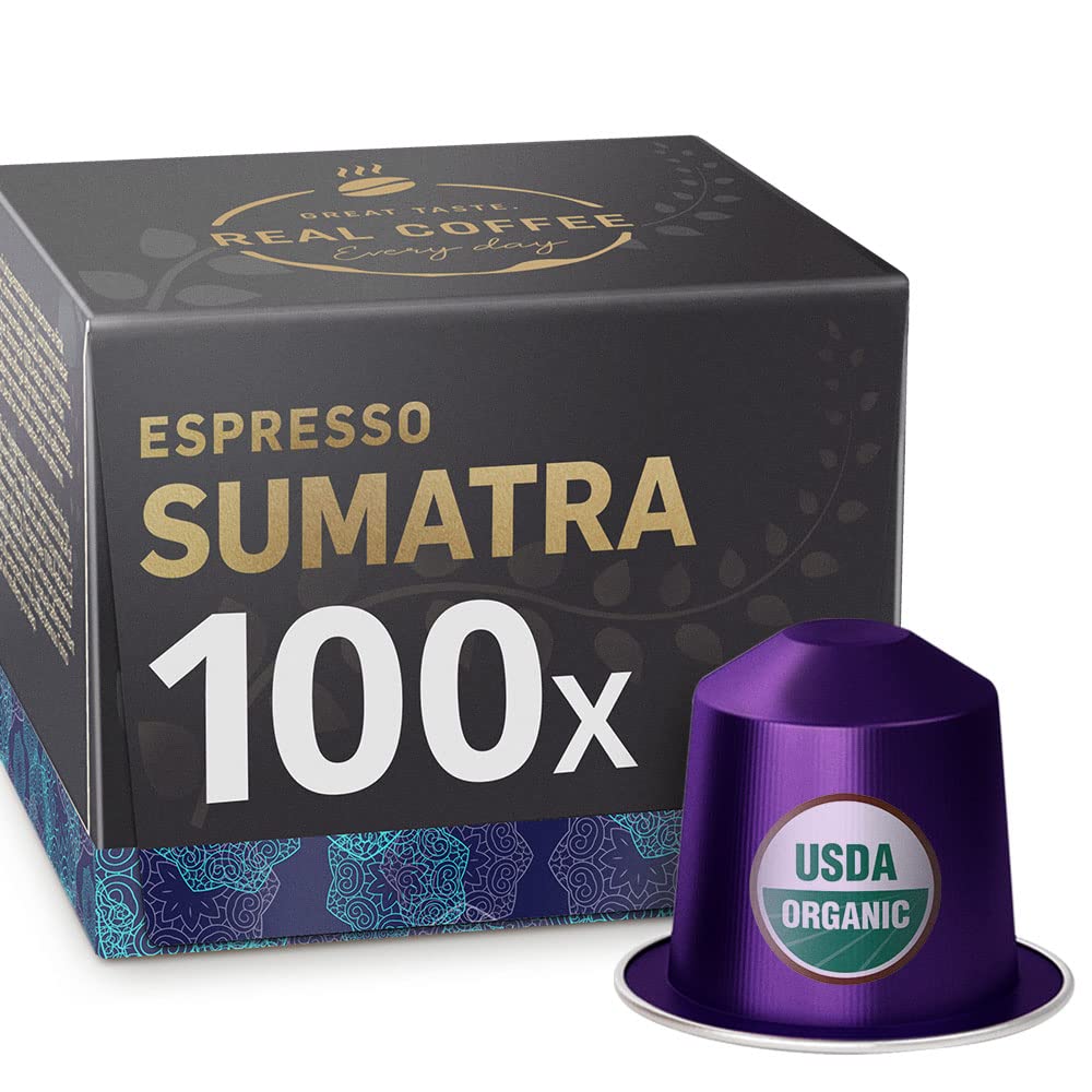 Sumatra Organic Italian Espresso for Nespresso | 100 Organic Aluminum Capsules | Single-Origin Dark Roast | 100% Nespresso Compatible Pods | Fairtrade | Package May Vary
