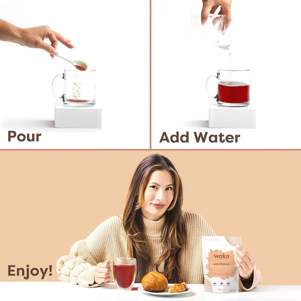 Waka Instant Black Tea Mix, Peach Flavored - 100% Tea Leaves, No Additives, Unsweetened Travel Size Tea Powder - Easy Quick Hot