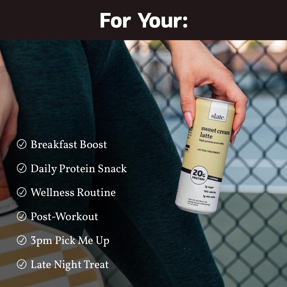 Slate Milk - High Protein Iced Coffee - Sweet Cream Latte - 175Mg Caffeine, Lactose Free Energy - 20G Protein, 1G Sugar, 100 Calories, 1G Net Carbs, No Sugar Added - Protein Coffee - 11 Fl Oz, 12 Cans