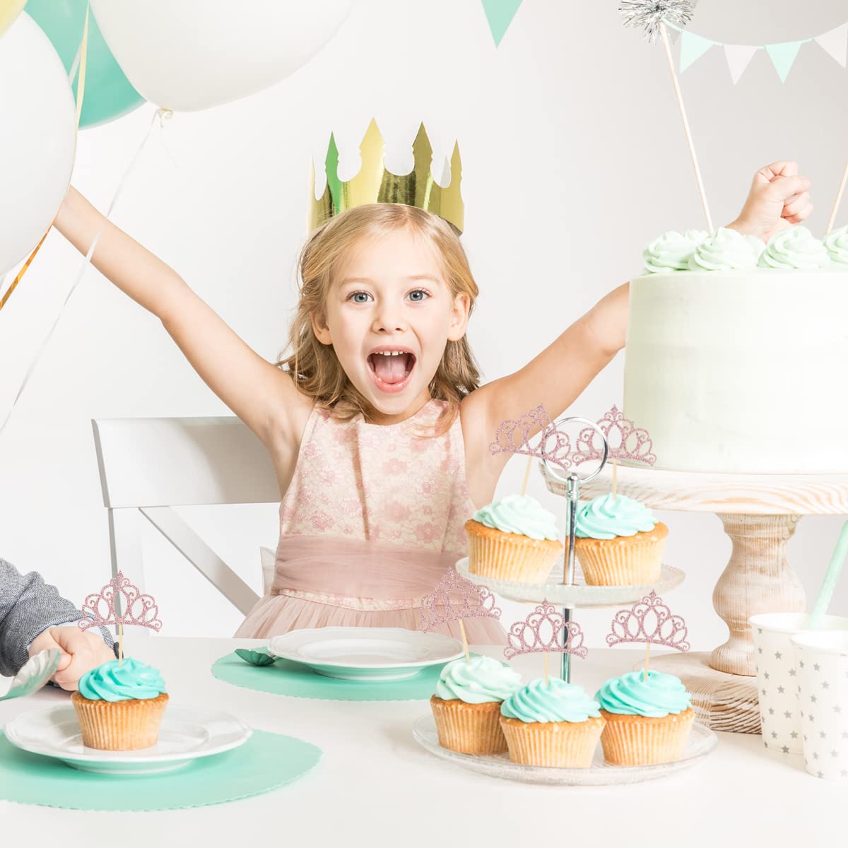 Donoter 24 Pieces Rose Gold Glitter Princess Crown Cupcake Toppers Cake Picks For Birthday Baby Shower Party Decorations