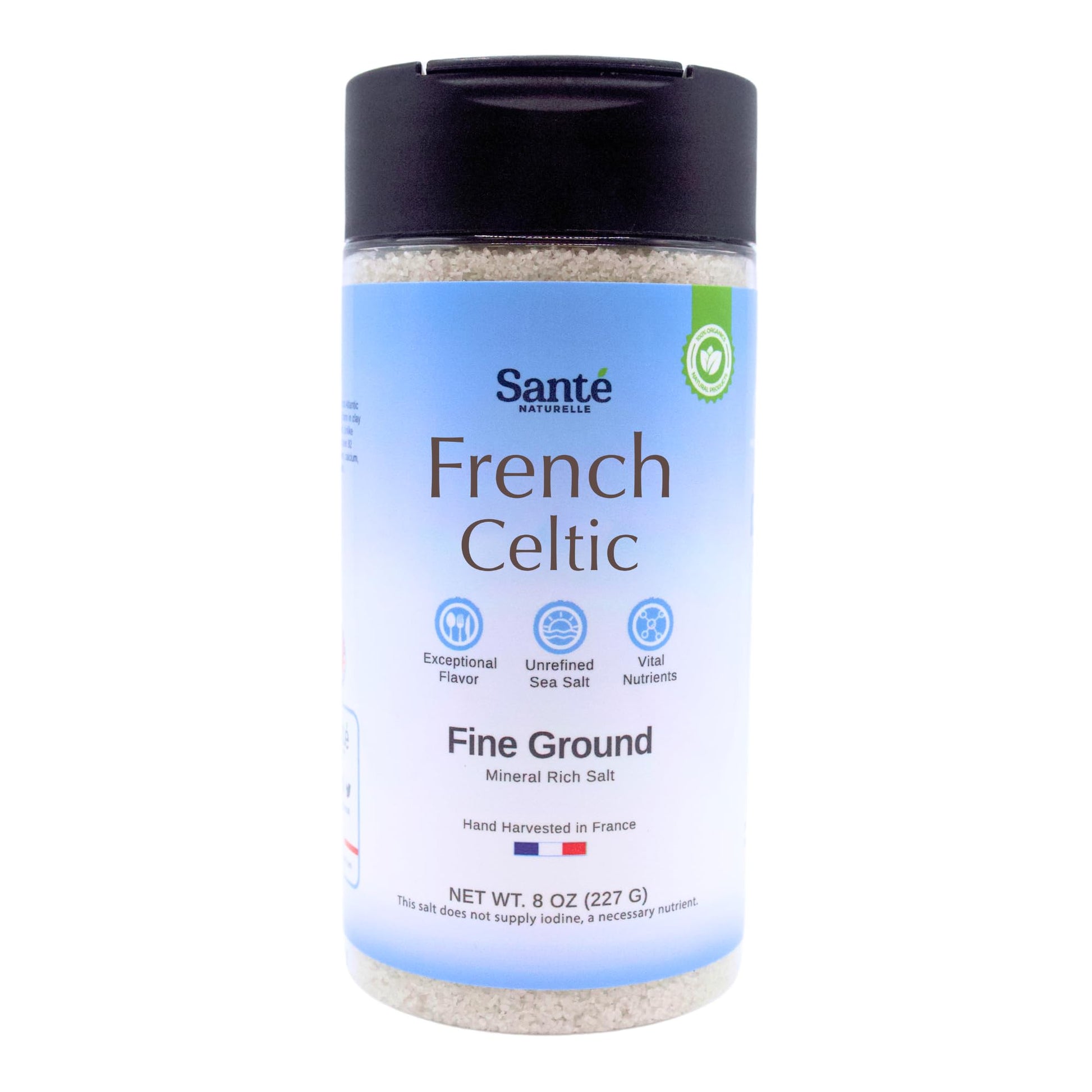 Sante Naturelle Celtic Salt Fine Ground Sea Salt Shaker - 8 oz, Unrefined Organic, Rich in Minerals, Hand Harvested