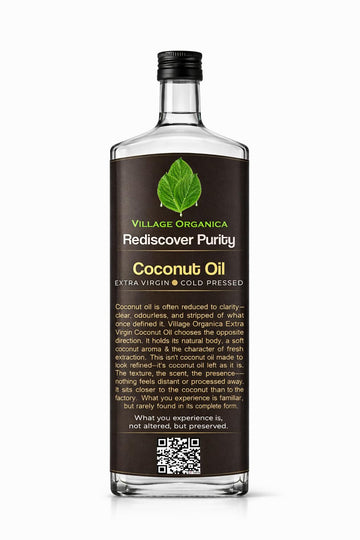 Village-Organica Extra Virgin Coconut Oil, Edible Cold Pressed Coconut Oil, Pure Virgin Oil In Glass Bottle, Organic Coconut Oil
