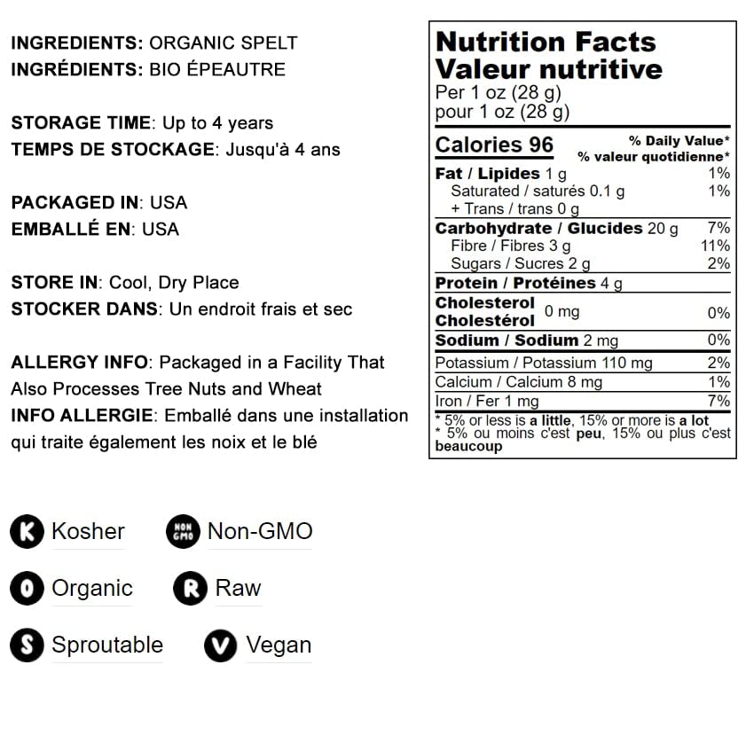 Food to Live Organic Spelt Berries, 3 Pounds - Non-GMO, Whole Grain, Non-Irradiated, Vegan Superfood, Bulk, Product of the USA