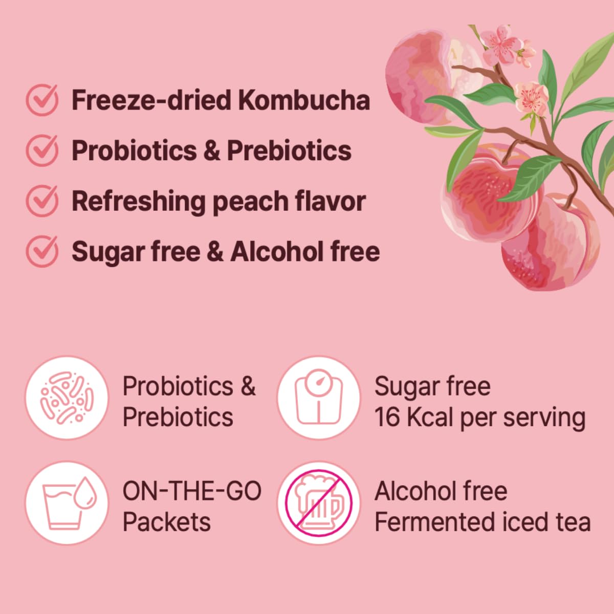 Unha's Everyday Kombucha Tea, Peach Powder, 5g x 30 Sachets, Probiotics & Prebiotics, Sugar-Free, Healthy Black Tea Drink