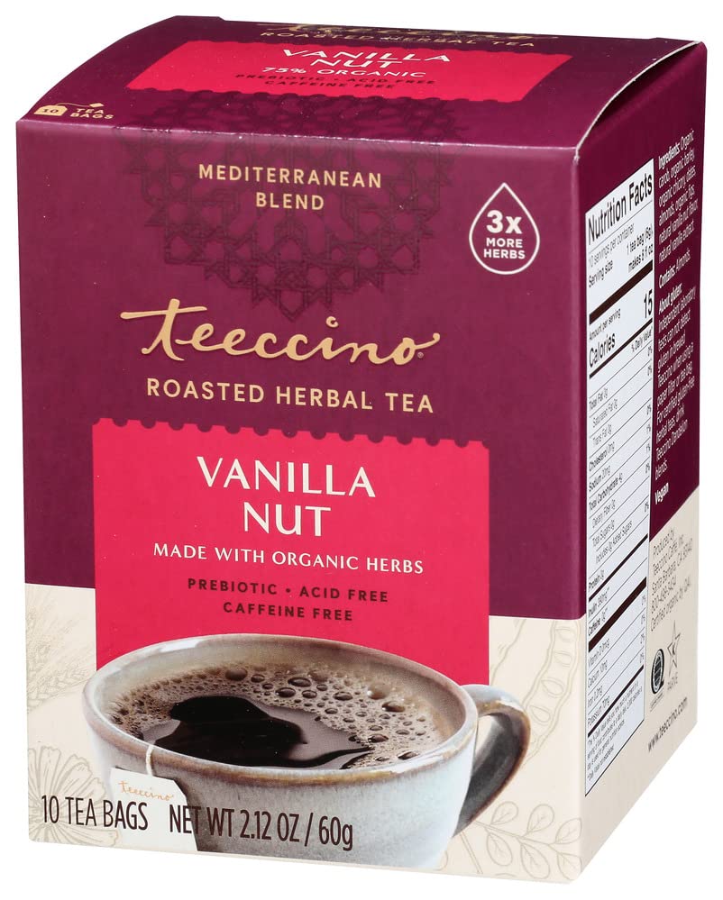 Teeccino Vanilla Nut Herbal Tea - Caffeine Free, Prebiotic, 10 Count, Model 48250TEEC-EA