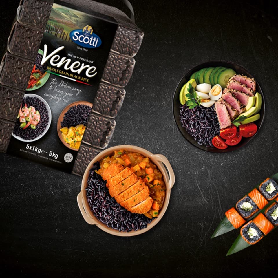 Black Grain Rice, Bulk 11 Lbs (5 X 1 Kg), Product Of Italy, Riso Scotti, Venere, Premium Quality, Wild Ancient Whole Grain Rice,