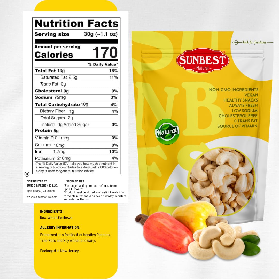 SUNBEST NATURAL Whole Raw Cashew Nuts, Unroasted & Unsalted, 3 LB Resealable Bag, Non-GMO Vegan Snack for Cooking & Baking