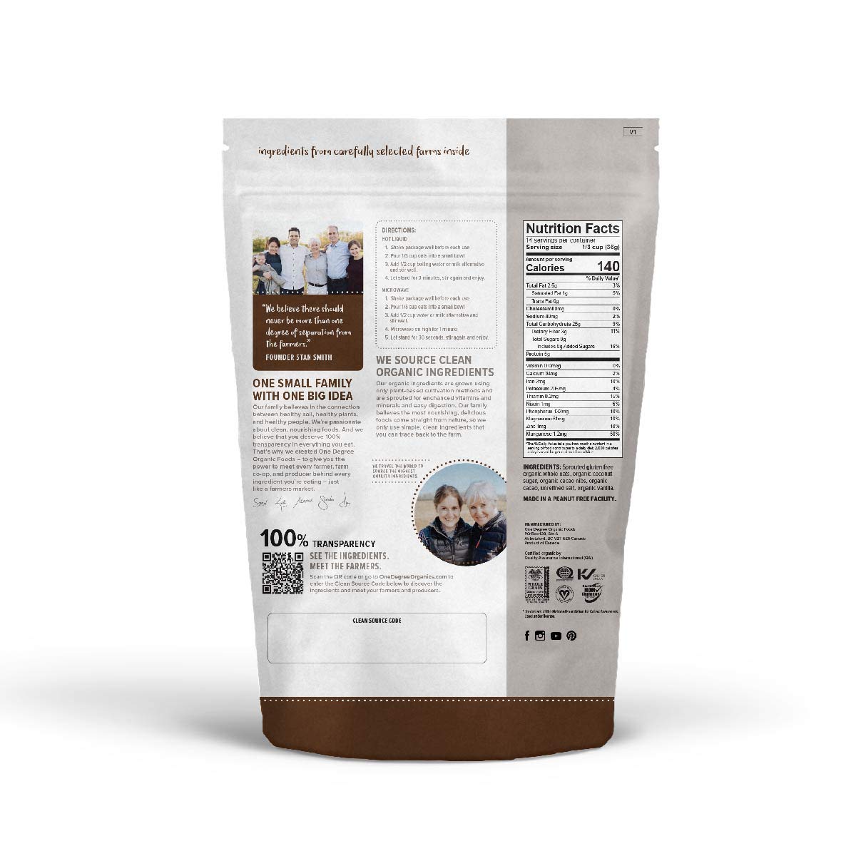 One Degree Organic Foods Sprouted Instant Oatmeal, Usda Organic, Non-Gmo, Vegan, And Gluten Free Instant Oatmeal (Cacao Nib, 6 P