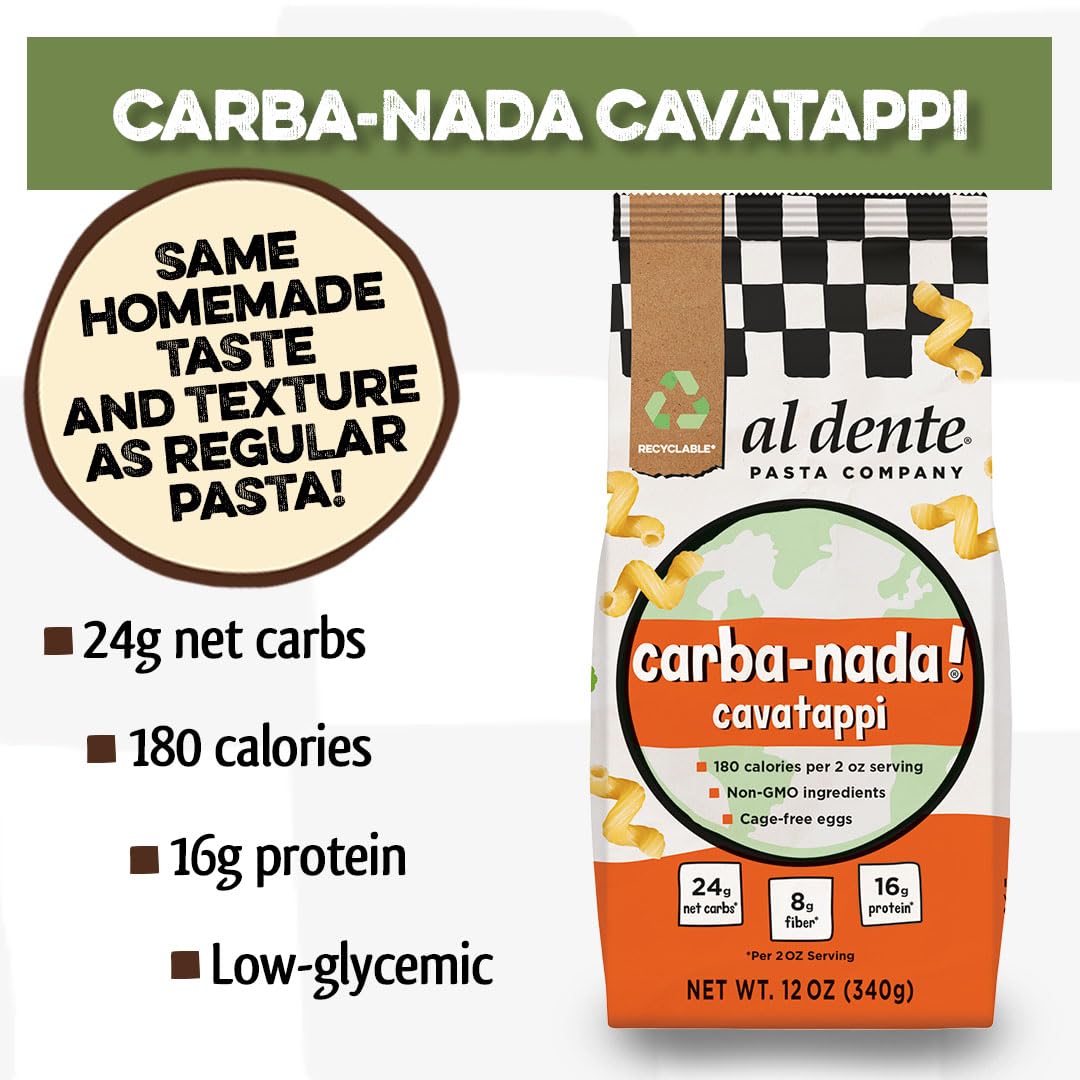 Al Dente Carba-Nada Cavatappi, Reduced-Carb, High Protein Pasta 12 Ounce Bags (Pack Of 8, Total Of 96 Ounces)