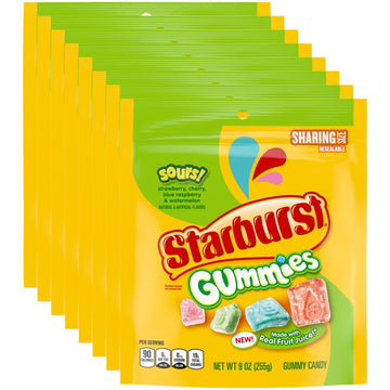 STARBURST Gummies Sours Gummy Candy, Sharing Size, 9 oz Bag (Pack of 8)