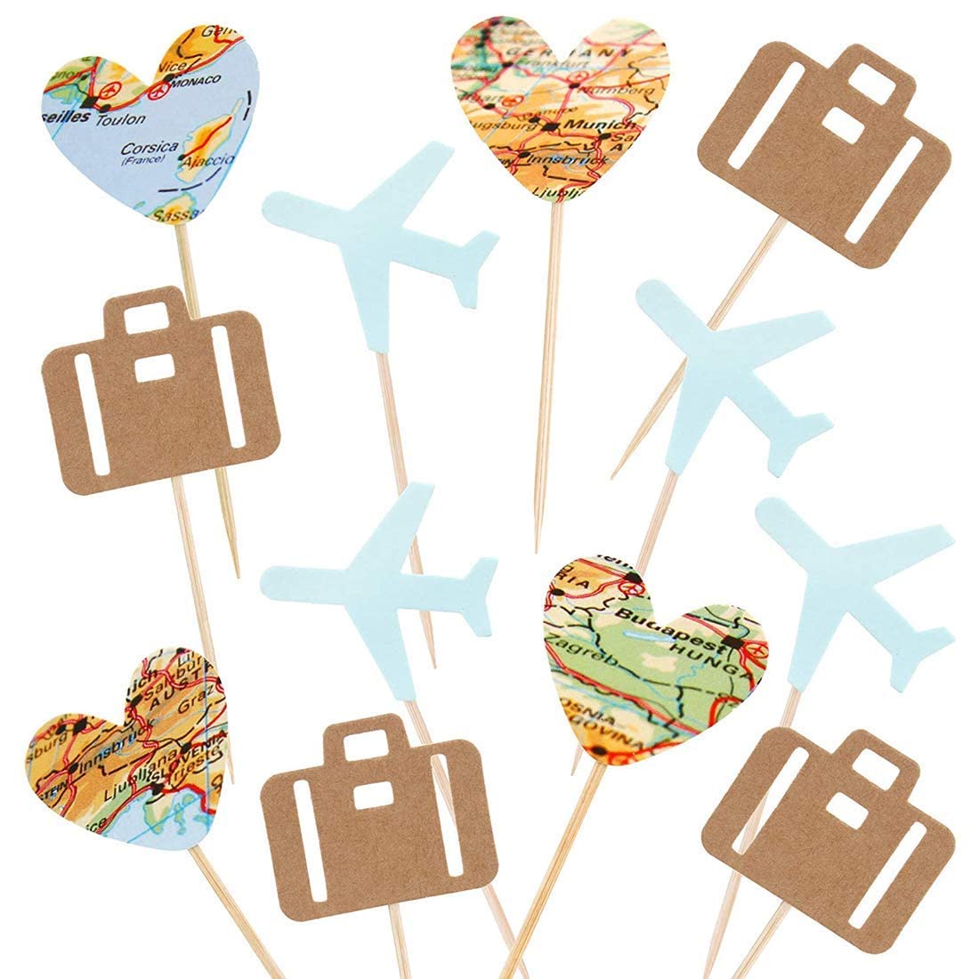 Morndew 24 Pcs Travel Cupcake Toppers Blue Airplane Map Heart Traveling Case Cake Topper Picks For World Awaits Travel Themed Ba