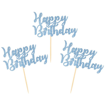 Donoter 24 Pcs Blue Glitter Happy Birthday Cupcake Toppers Cake Picks For Birthday Party Decoration Supplies