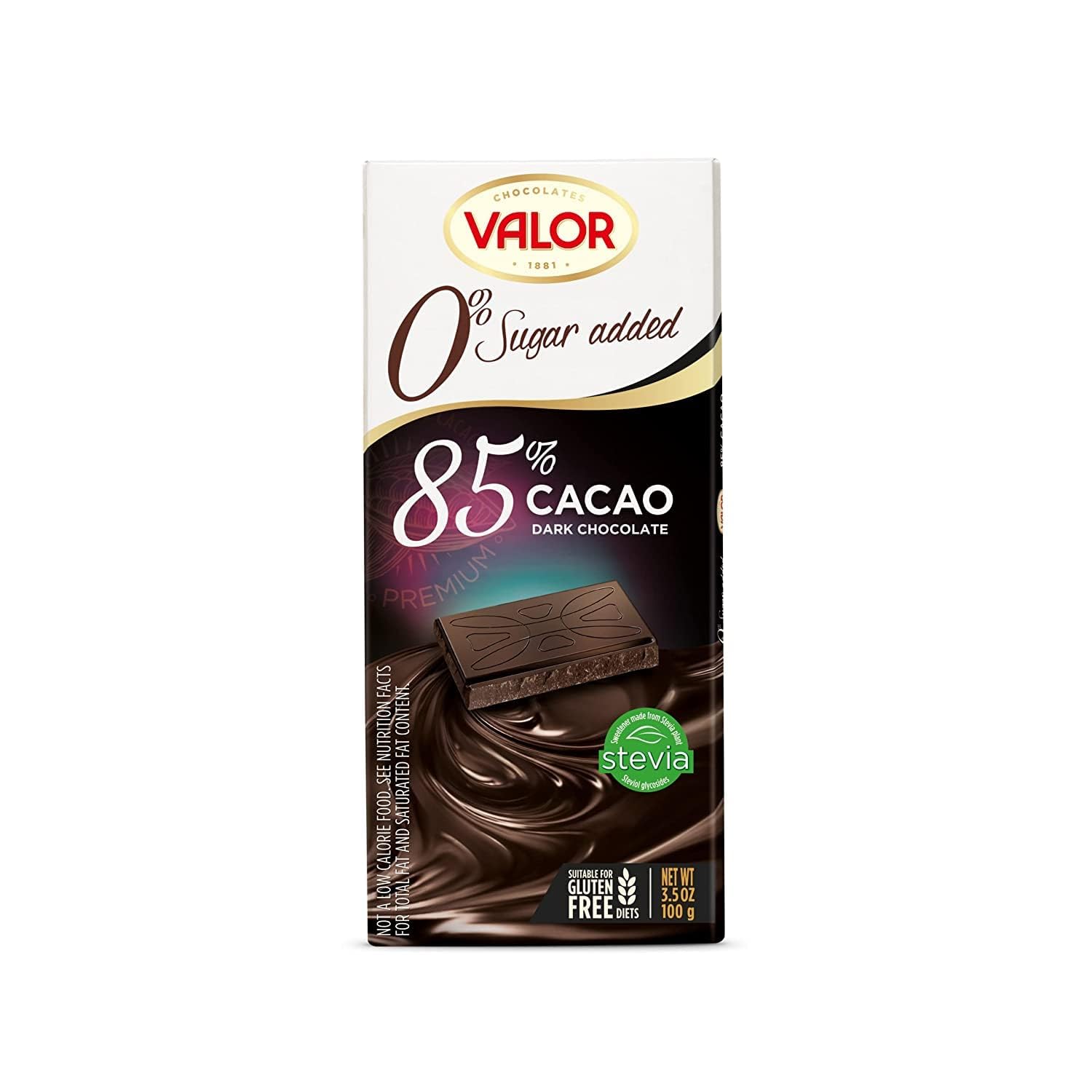 Valor. 85% Cocoa Dark Chocolate. No sugar added. 100g (3.53oz). Pack of 3.