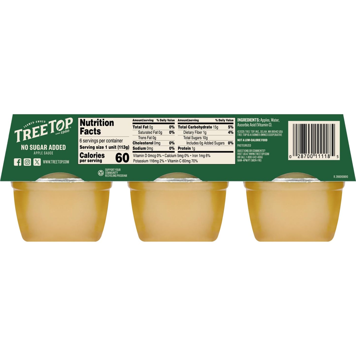Tree Top No Sugar Added Organic Apple Sauce, 6 Count (Pack of 1)