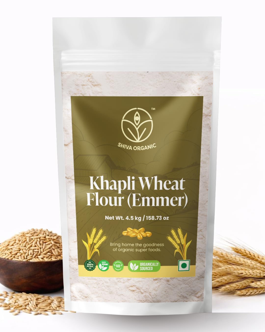 Shiva Organic Khapli Wheat Atta - 4.5 kg | Emmer Wheat Flour | High Fiber, Low Gluten, Ancient Grain with Abundant Bran