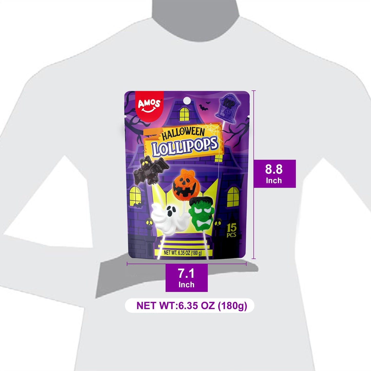 Amos Halloween Candy Lollipops, 15ct Individually Wrapped Monster Variety Suckers - Fun Trick-or-Treat Goodie Bag & Party Favor