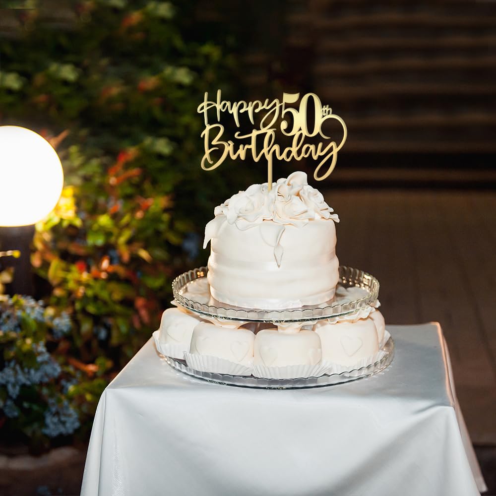 Happy 50Th Birthday Cake Topper,Mirrored Gold Acrylic Durable Cake Topper,50Th Birthday Party Cake Decorations,Hello 50Th Years